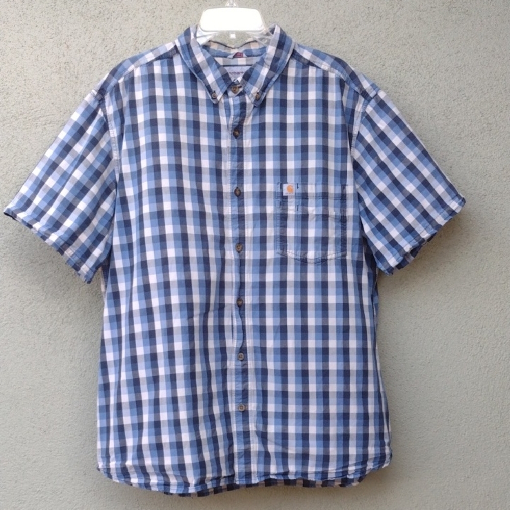 Carhartt Blue & White Relaxed Gingham Button Down Short Sleeve Shirt Men's 2XL